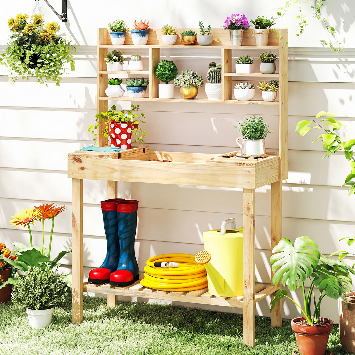 Wooden Potting Bench Table Garden Planting Workstation with 3-Tier Open Shelf-Natural