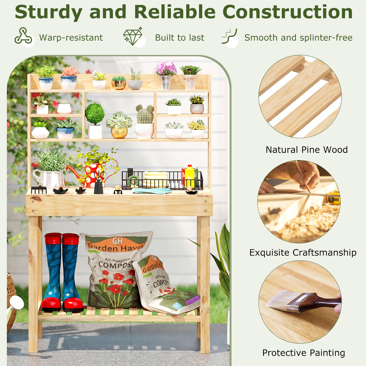 Wooden Potting Bench Table Garden Planting Workstation with 3-Tier Open Shelf-Natural