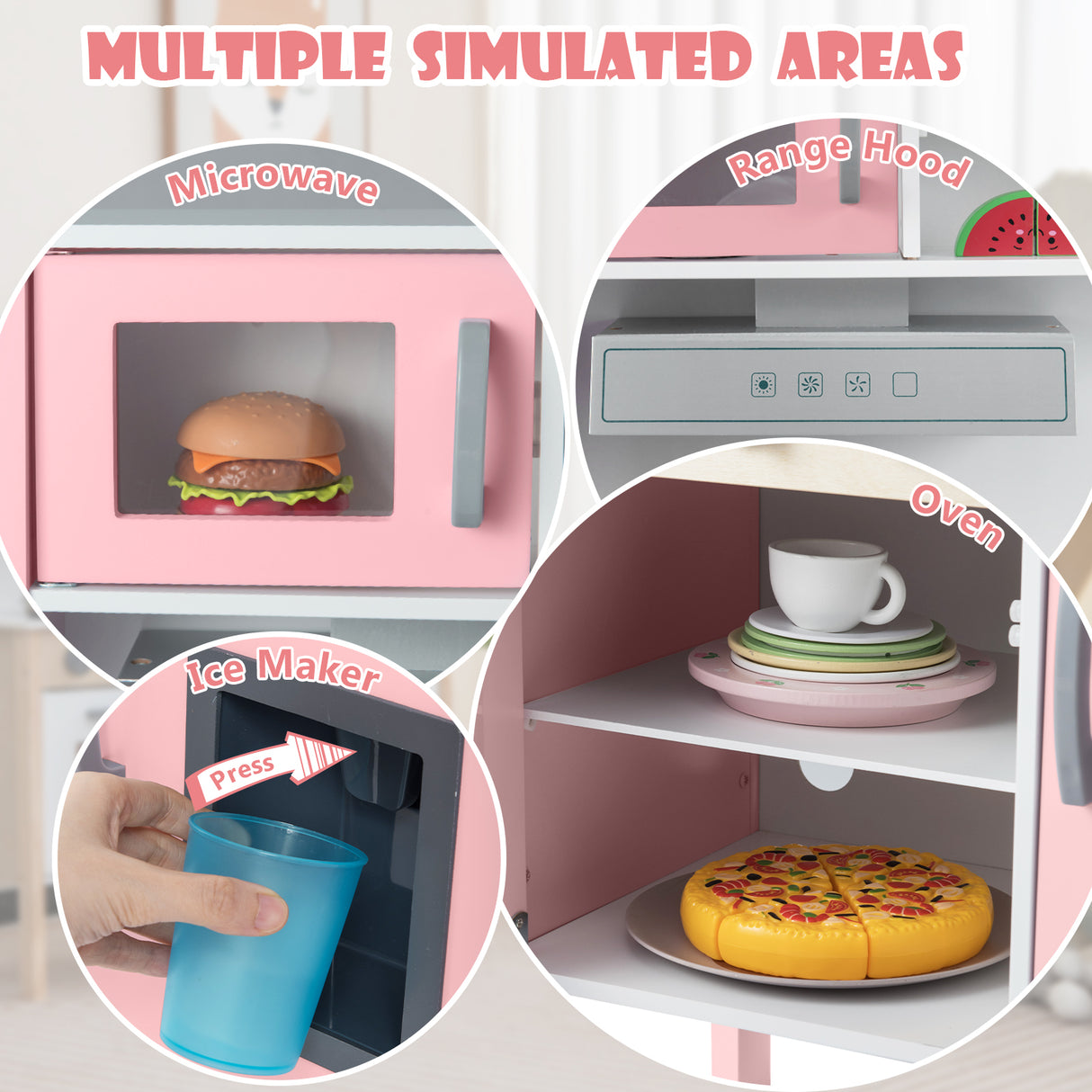 Wooden Pretend Play Kitchen Set for Toddlers-White and Pink