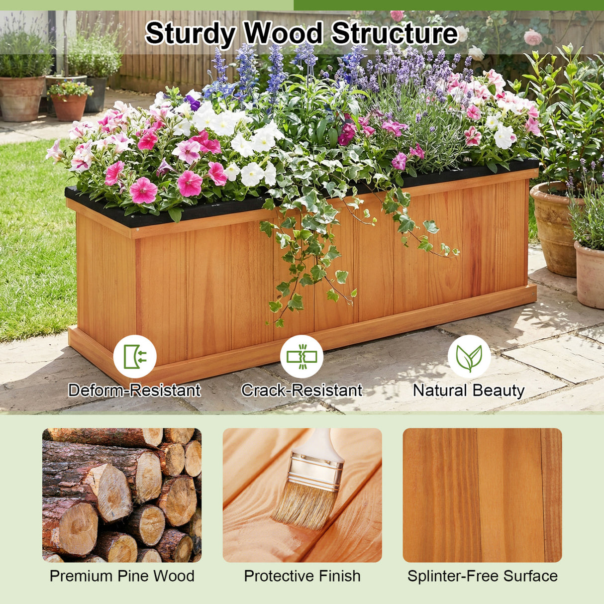 Wooden Raised Garden Bed with Drainage Holes and Liner Solid Fir Wood Planter Box-L