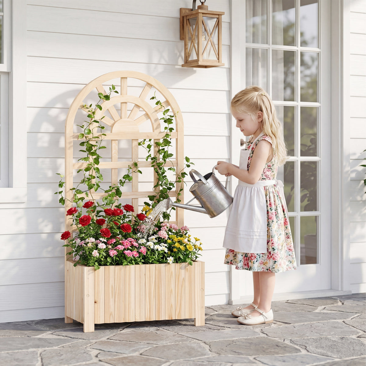 Wooden Raised Garden Bed with Trellis 48 Inch Outdoor Screen-Natural