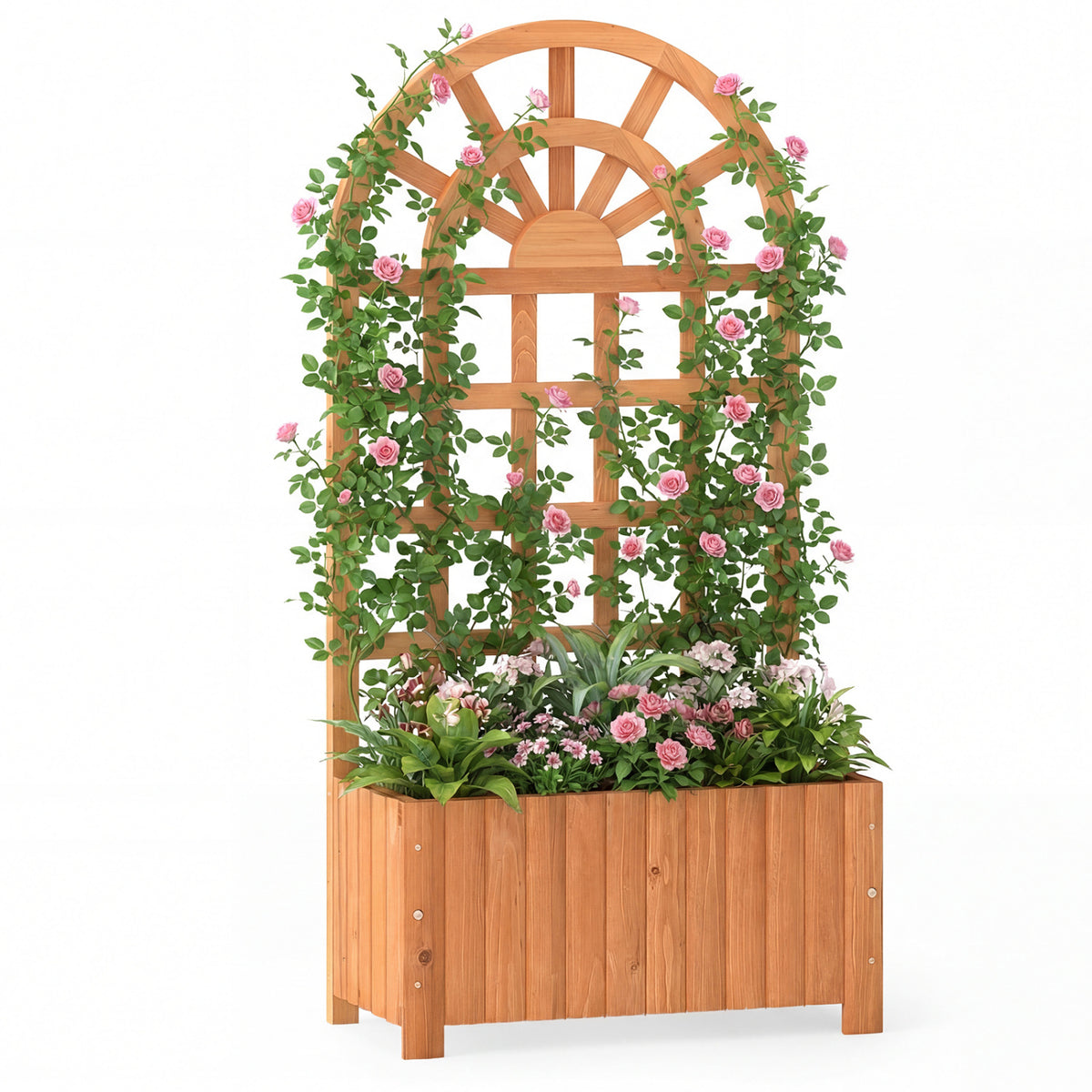 Wooden Raised Garden Bed with Trellis 48 Inch Outdoor Screen-Brown