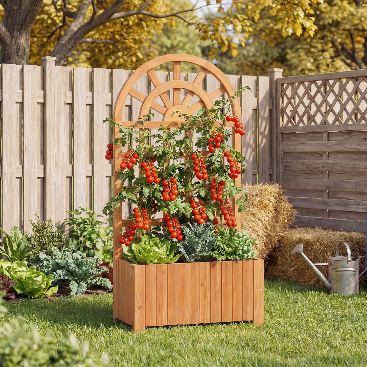 Wooden Raised Garden Bed with Trellis 48 Inch Outdoor Screen-Brown