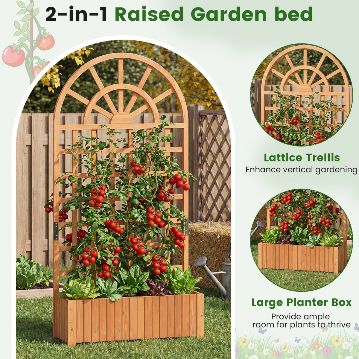 Wooden Raised Garden Bed with Trellis 71" Outdoor Planter Box Privacy Screen-Brown
