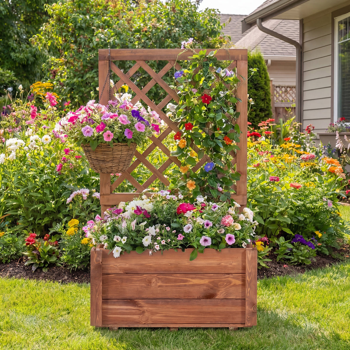 Wooden Raised Garden Bed with Lattice Trellis Drainage Holes-Orange