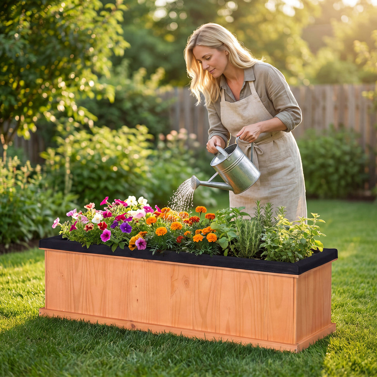 Wooden Raised Garden Bed with Drainage Holes and Liner Solid Fir Wood Planter Box-XL