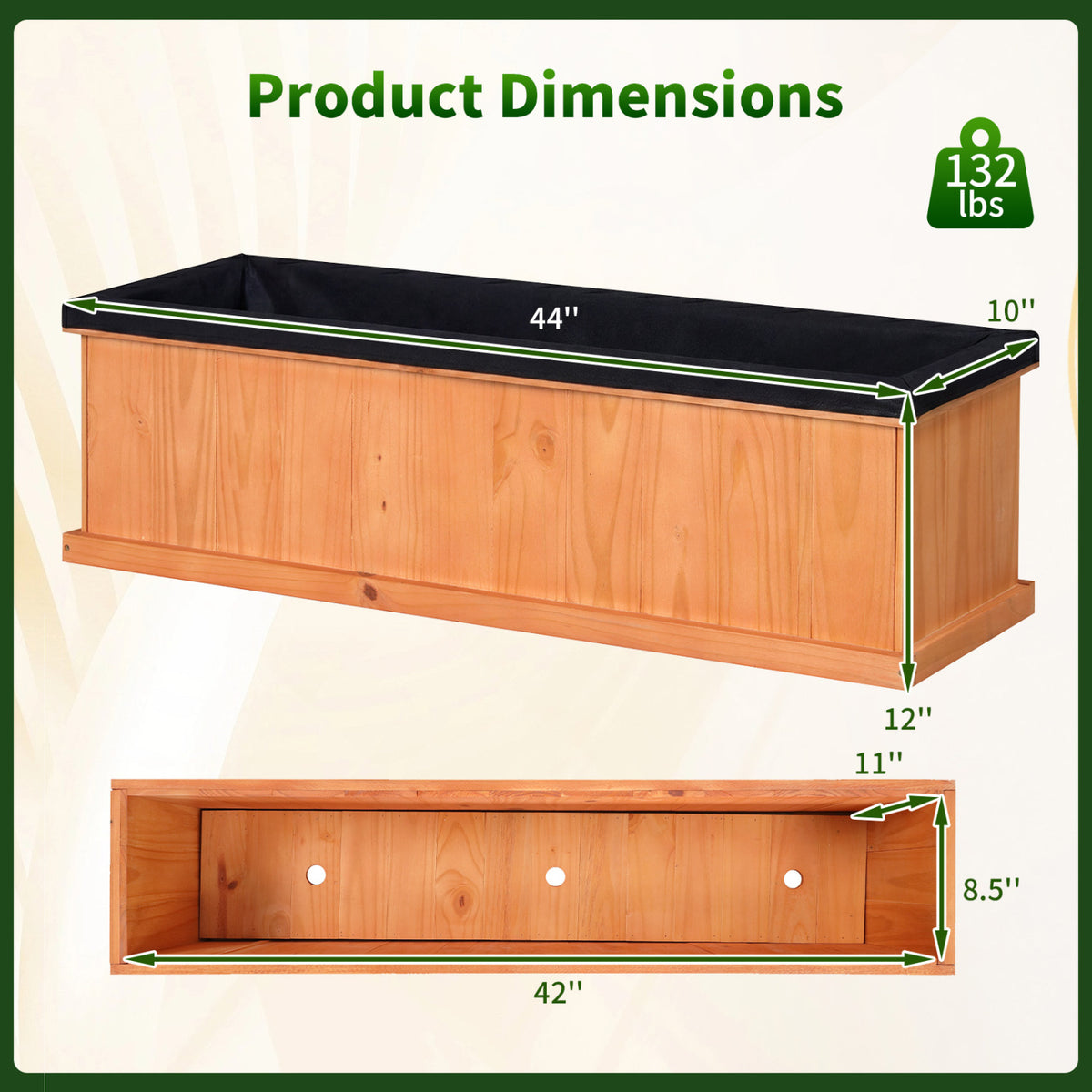 Wooden Raised Garden Bed with Drainage Holes and Liner Solid Fir Wood Planter Box-XL