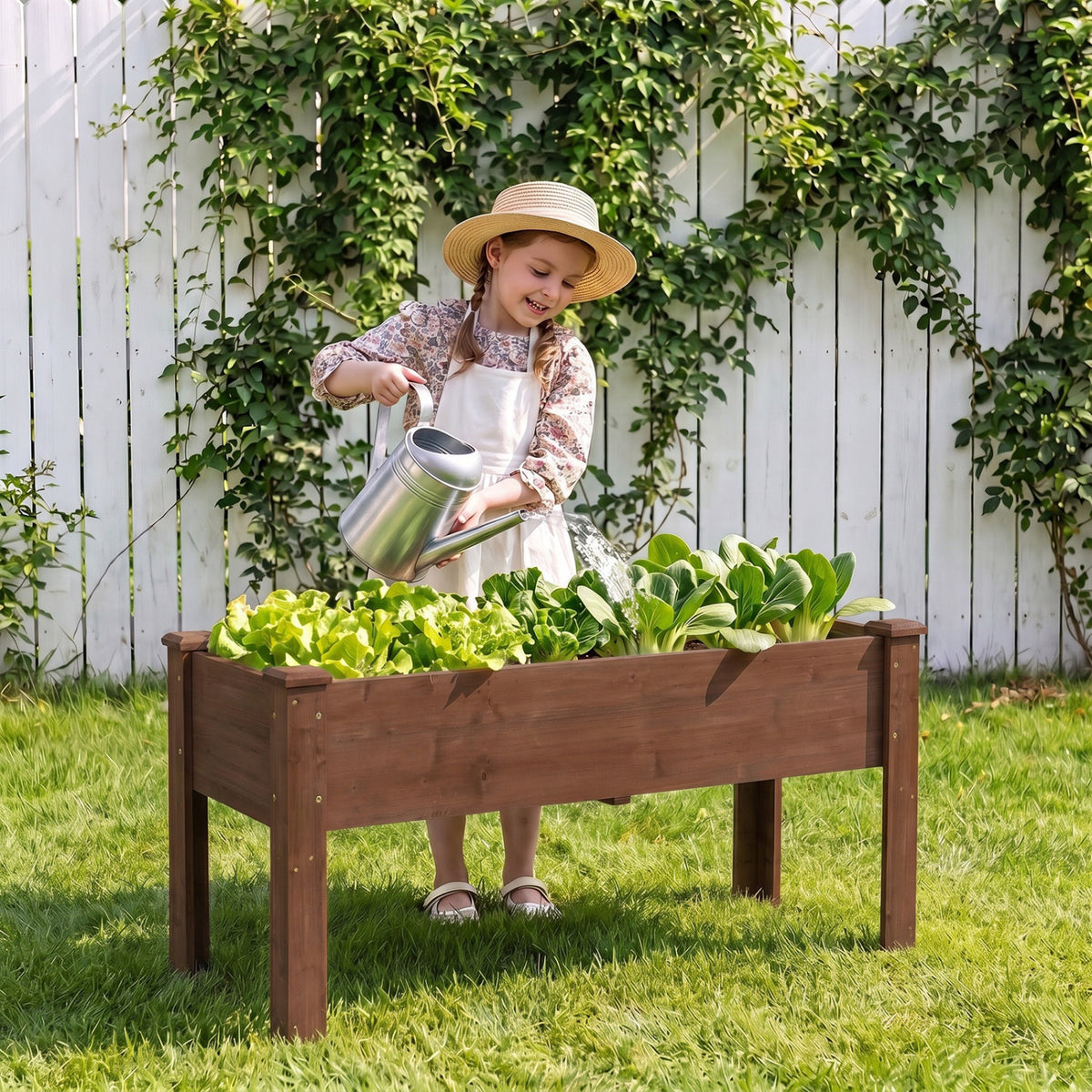 Wooden Raised Garden Bed with Legs Elevated Planter Box with Drainage Holes-Coffee