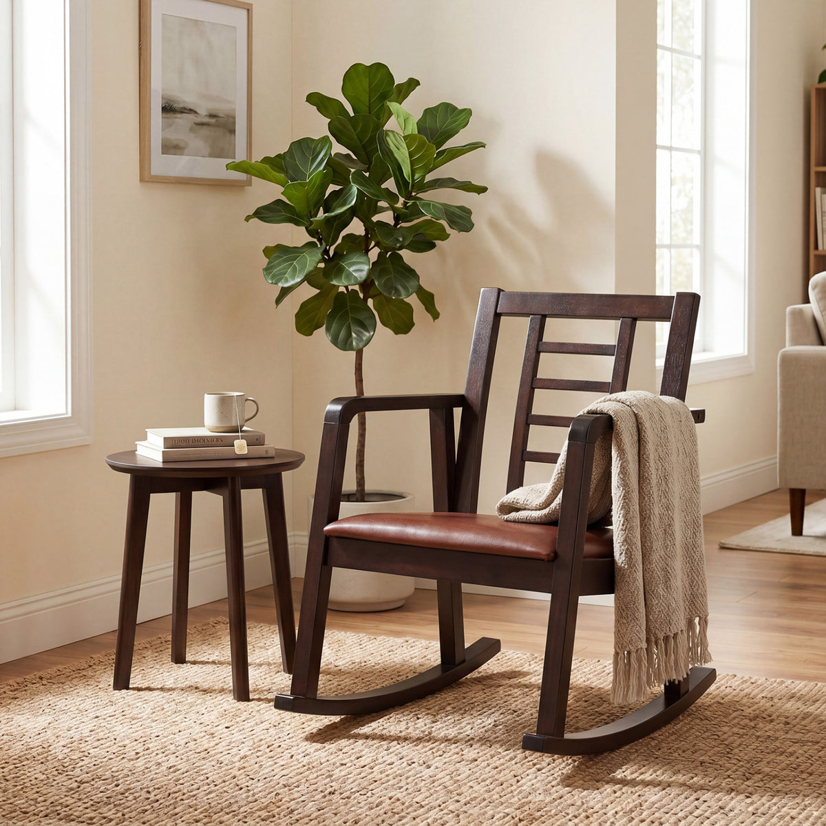 Wooden Rocking Chair with Upholstered Seat and Ladder Back for Living Room-Brown