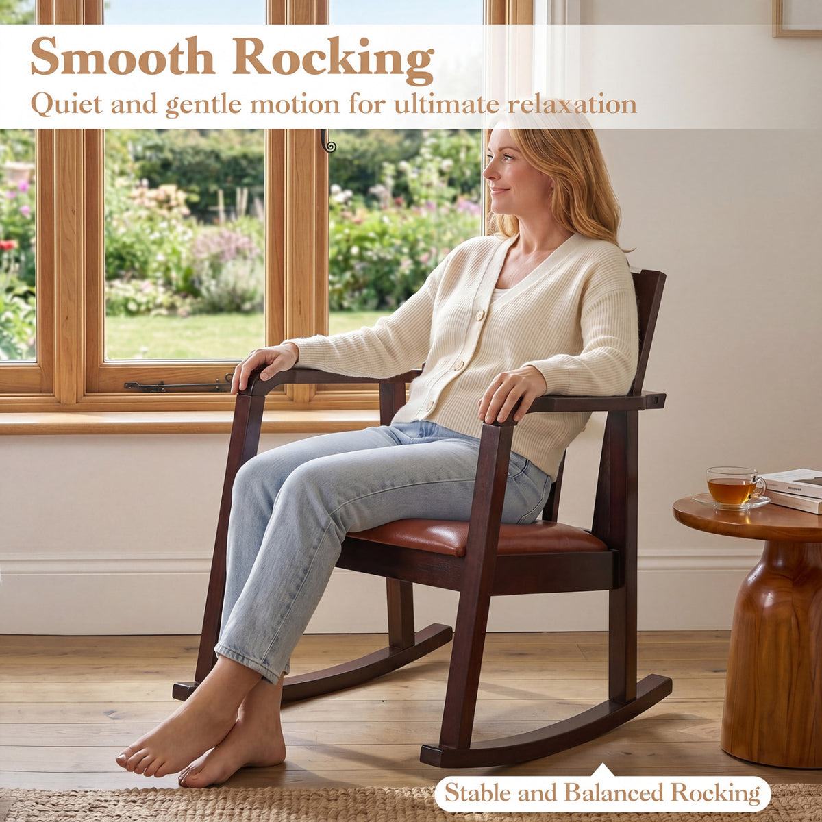 Wooden Rocking Chair with Upholstered Seat and Ladder Back for Living Room-Brown