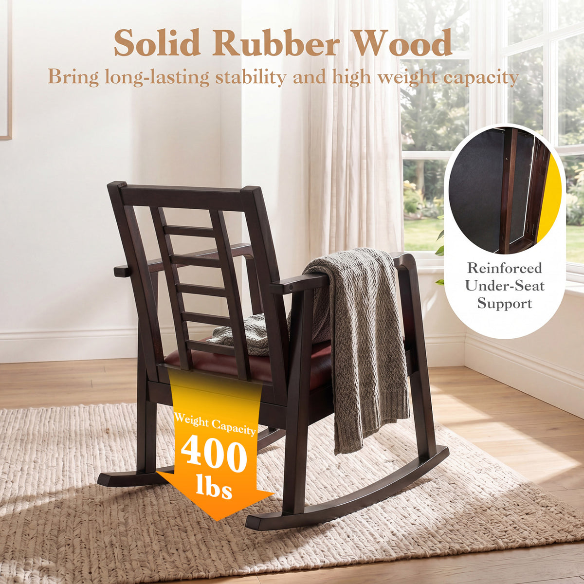 Wooden Rocking Chair with Upholstered Seat and Ladder Back for Living Room-Brown