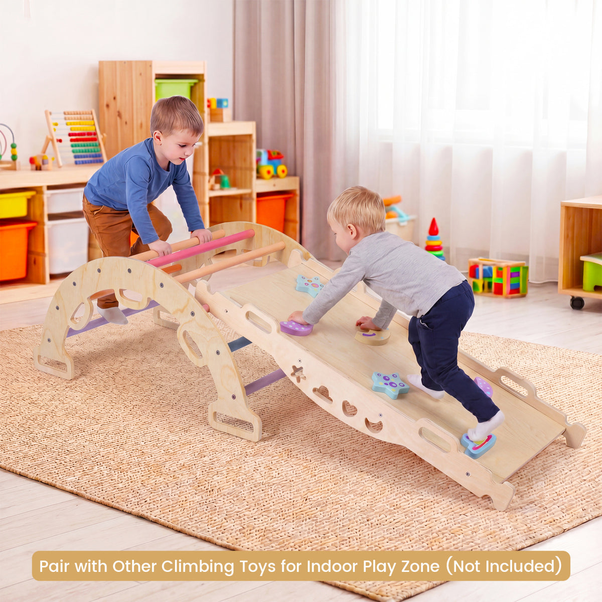 Wooden Rocking Climbing Arch with Cushion 3-in-1 Montessori Kids Climber Rocker-Multicolor