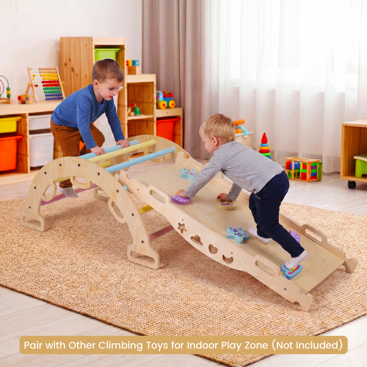 Wooden Rocking Climbing Arch with Cushion 3-in-1 Montessori Kids Climber Rocker-Macaron