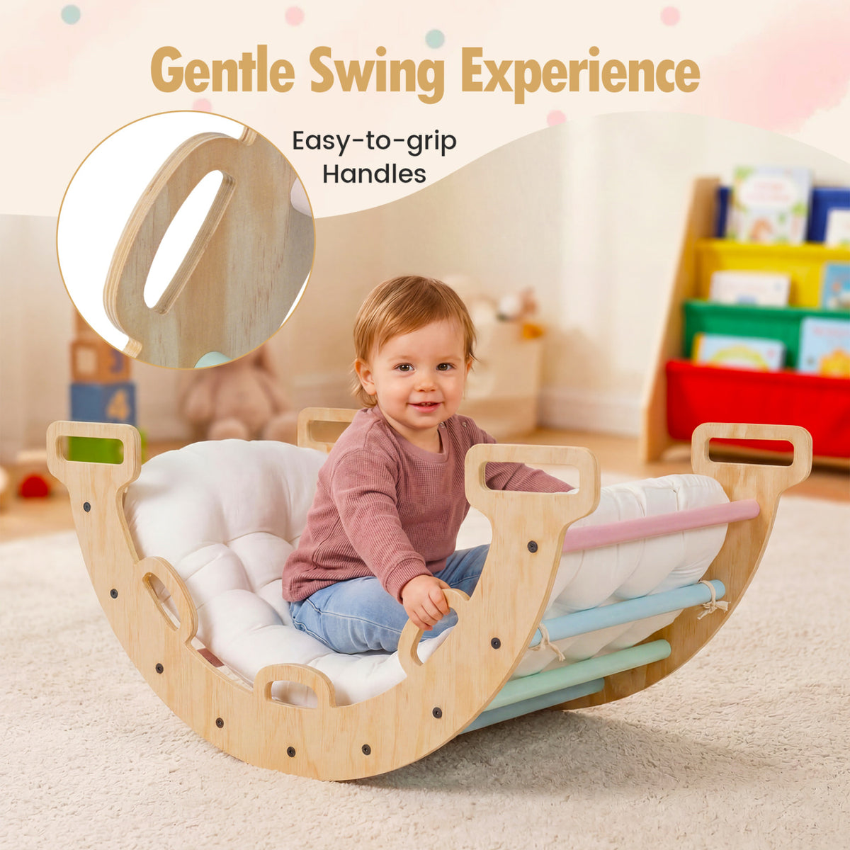 Wooden Rocking Climbing Arch with Cushion 3-in-1 Montessori Kids Climber Rocker-Macaron