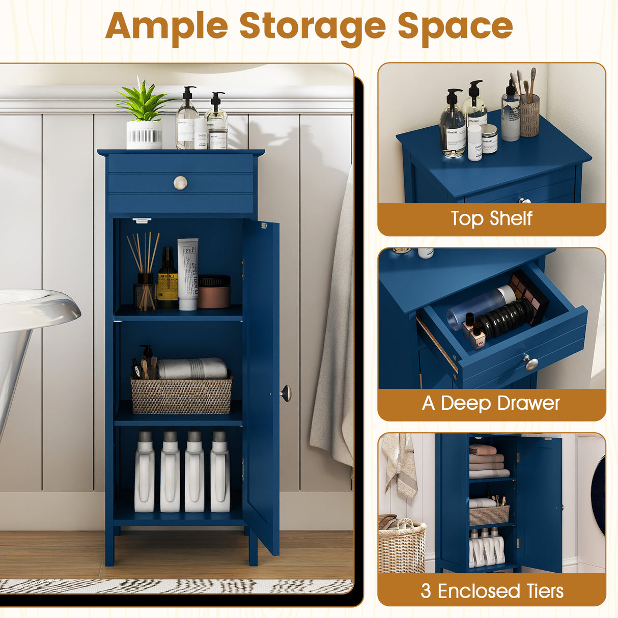 Wooden Storage Free-Standing Floor Cabinet with Drawer and Shelf-Blue