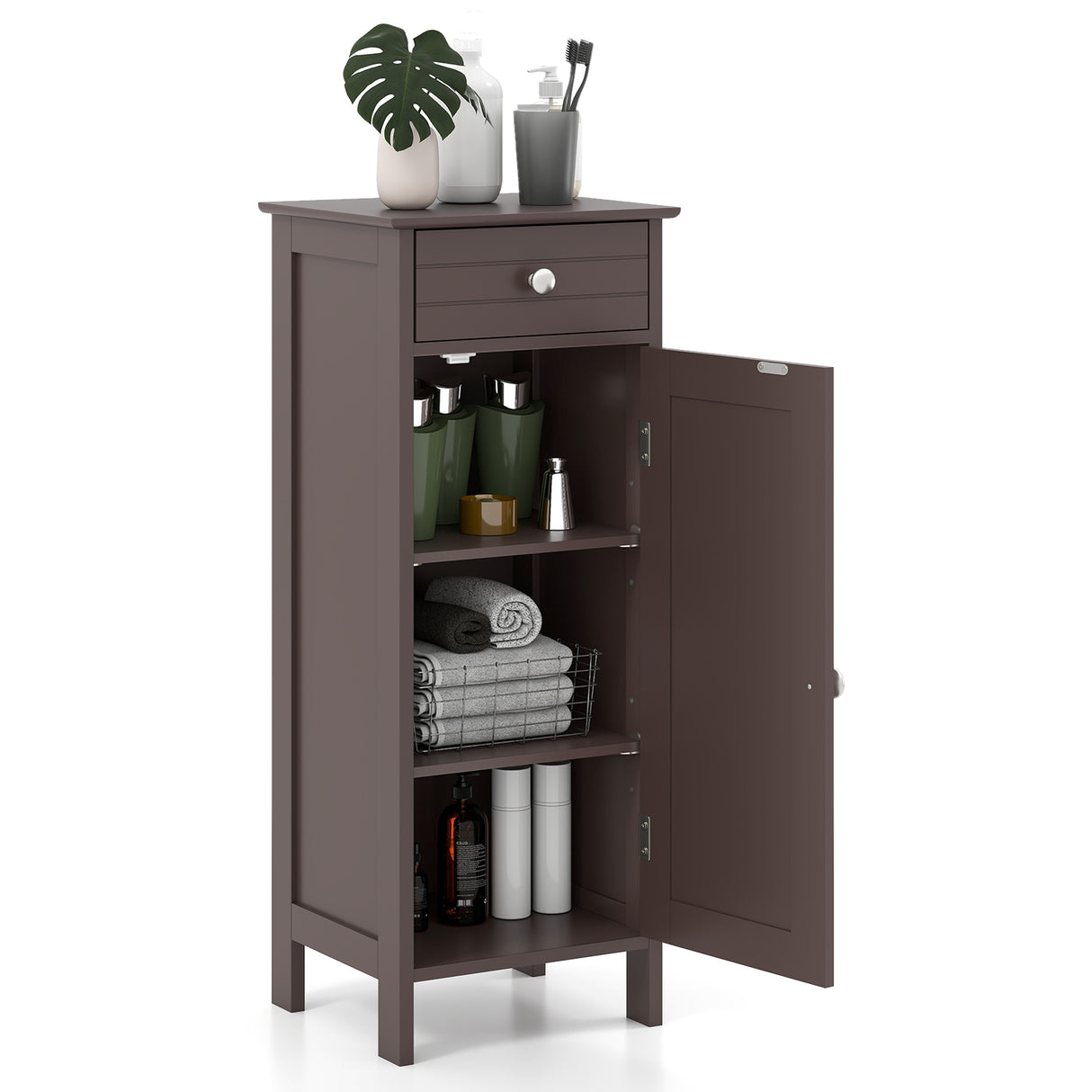Wooden Storage Free-Standing Floor Cabinet with Drawer and Shelf-White