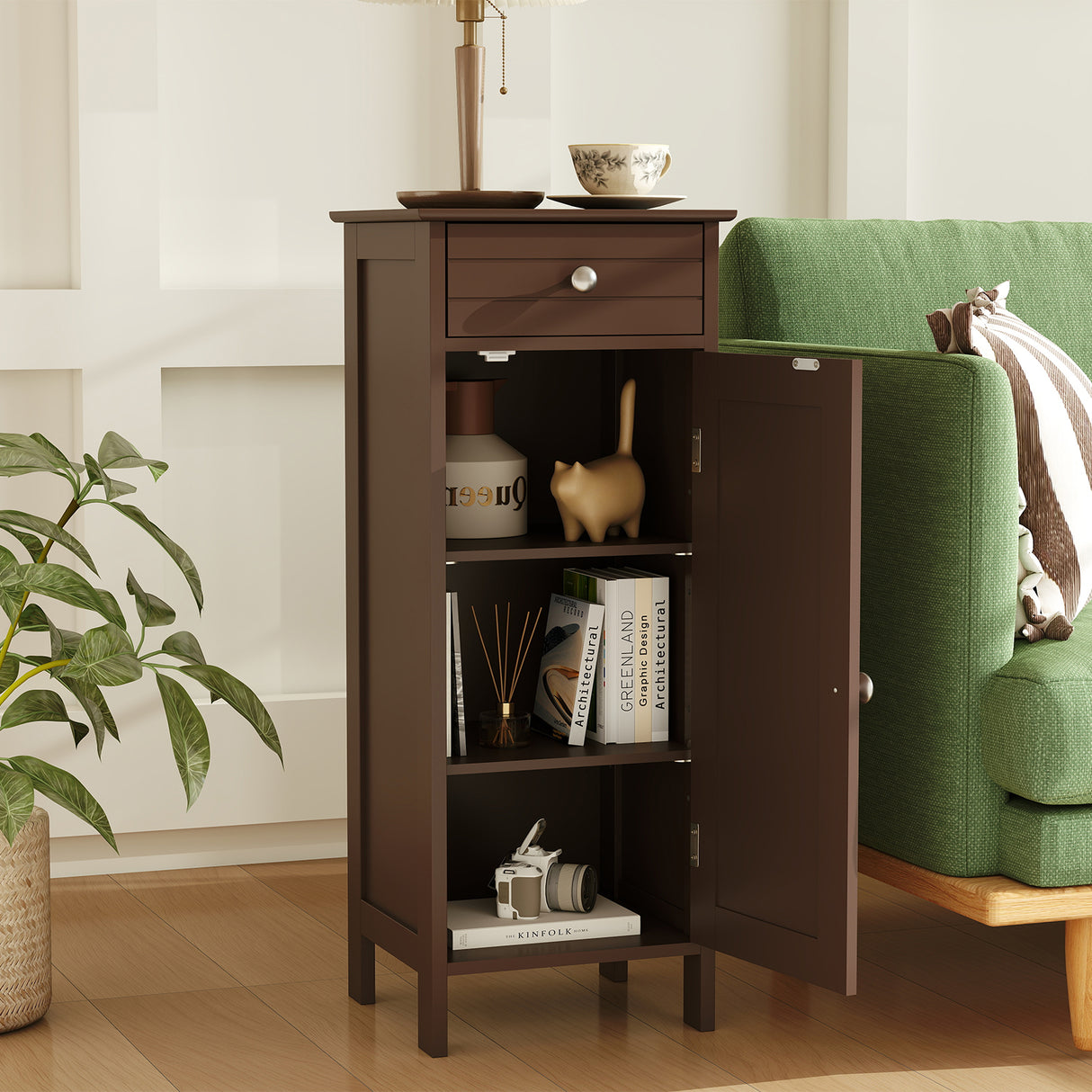 Wooden Storage Free-Standing Floor Cabinet with Drawer and Shelf-White