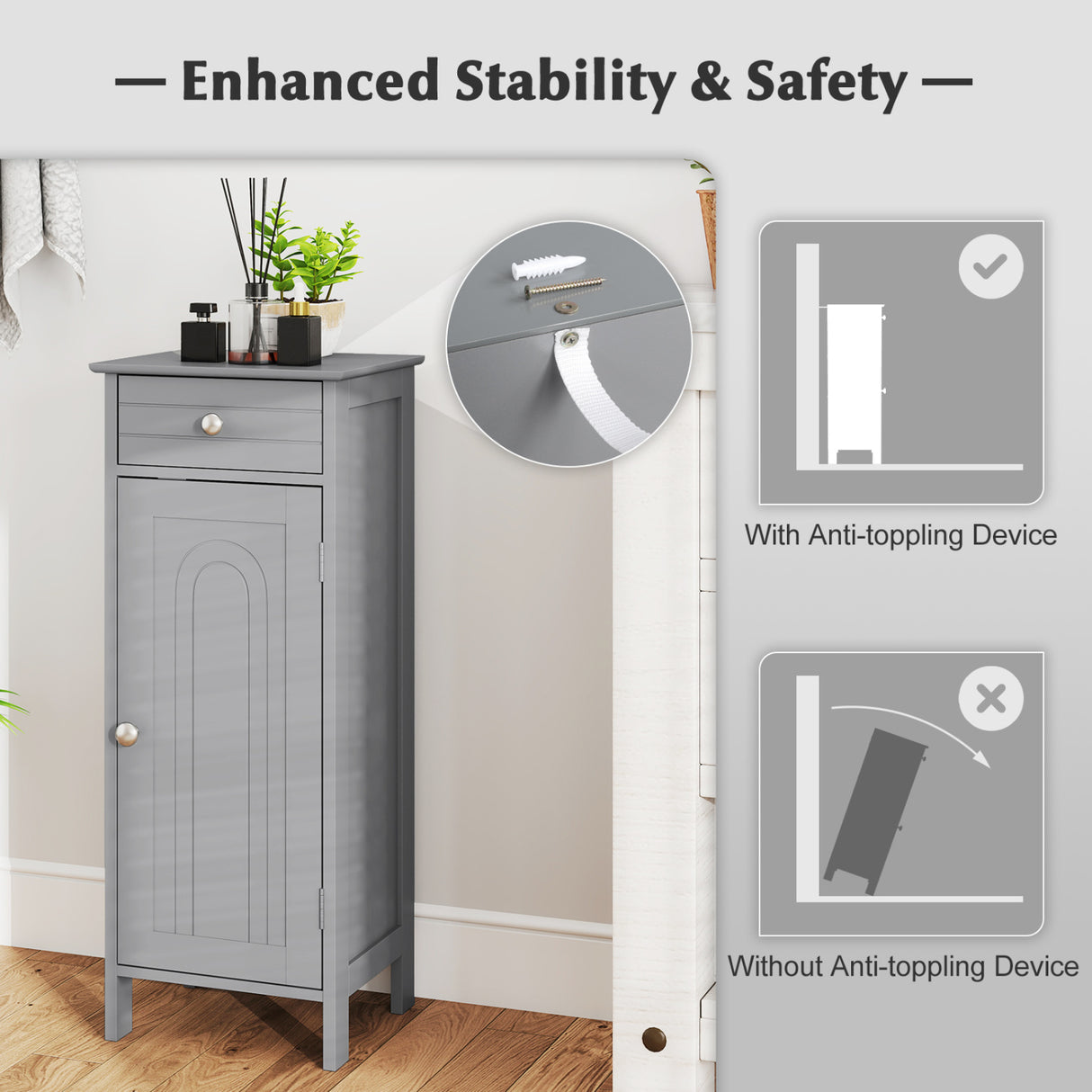 Wooden Storage Free-Standing Floor Cabinet with Drawer and Shelf-White