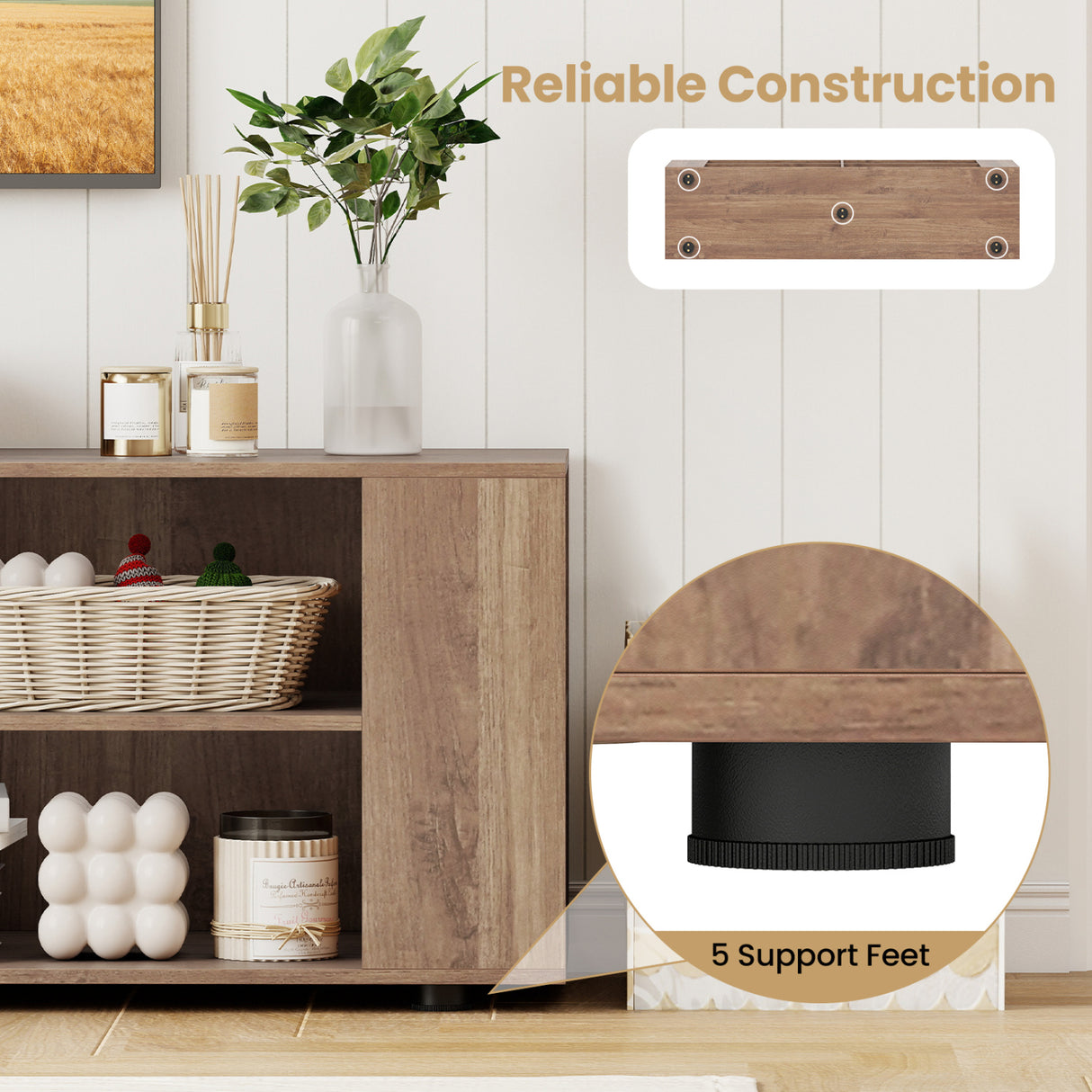 Wooden TV Stand with 8 Open Shelves for TVs up to 65 Inch Flat Screen-Light Gray