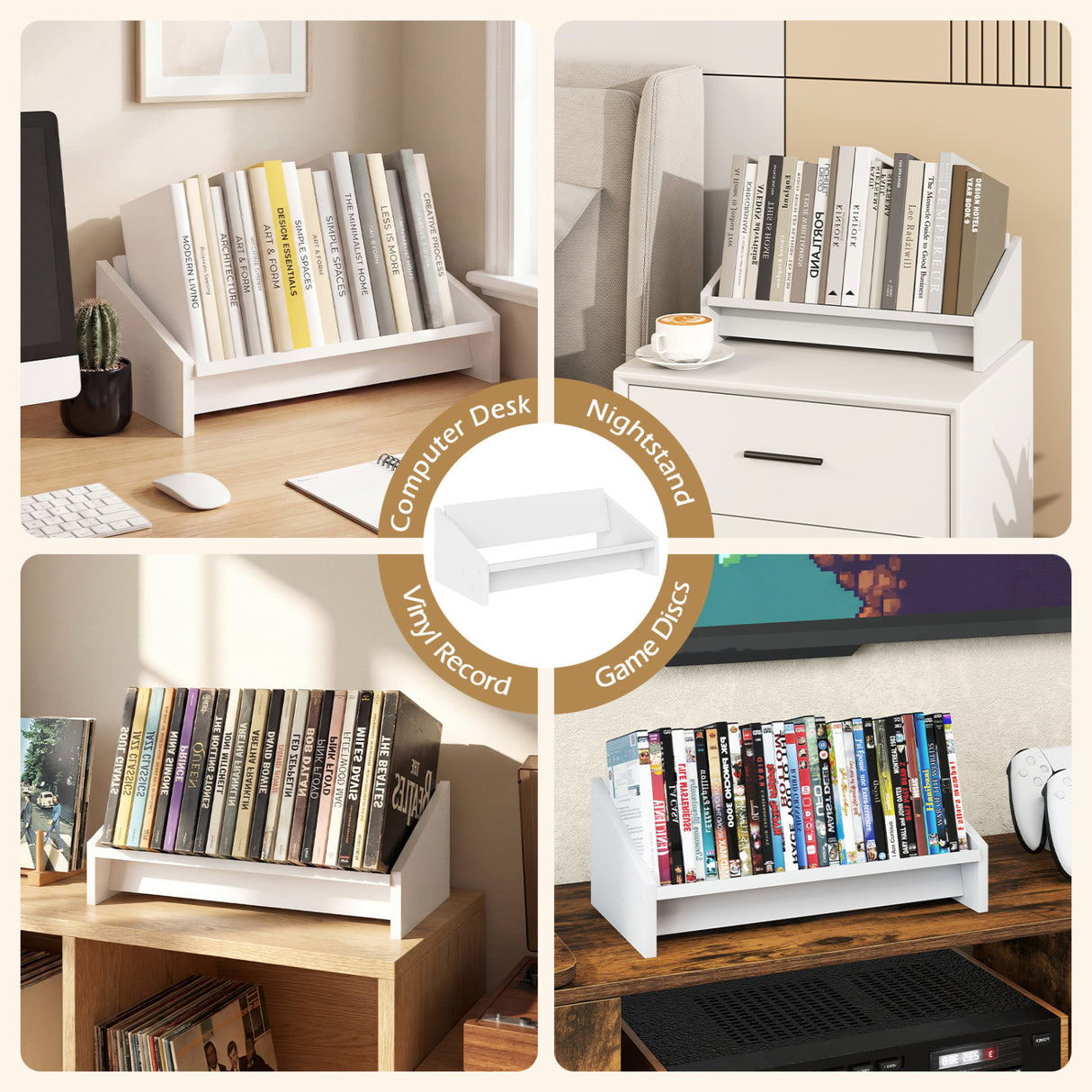 Wooden Tilting Bookcase Small Desktop Bookshelf Organizer for Magazines-White