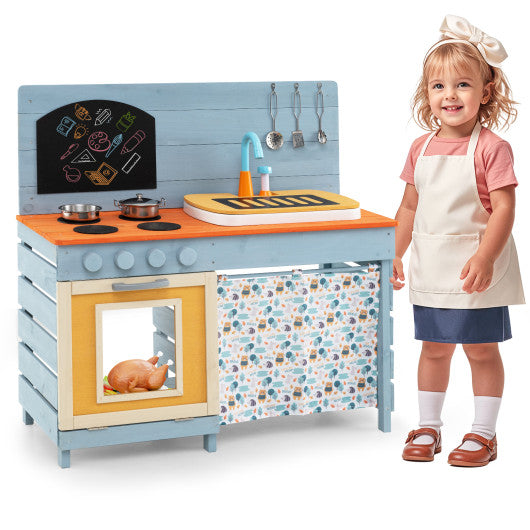Wooden Toy Kitchen Playset with Removable Circulation Faucet and Cooking Accessories-Blue