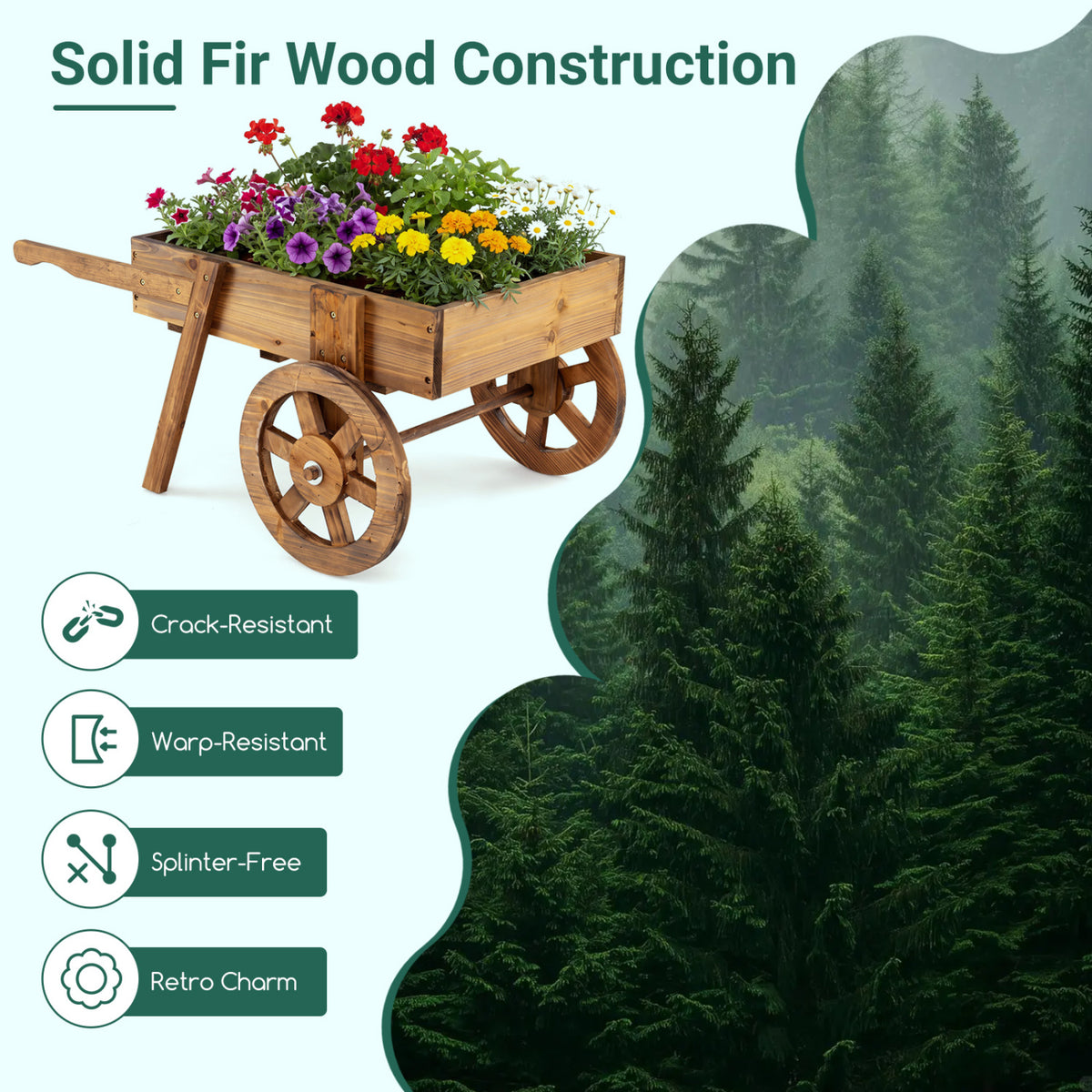 Wooden Wagon Planter with Wheels for Indoor and Outdoor Use-Brown
