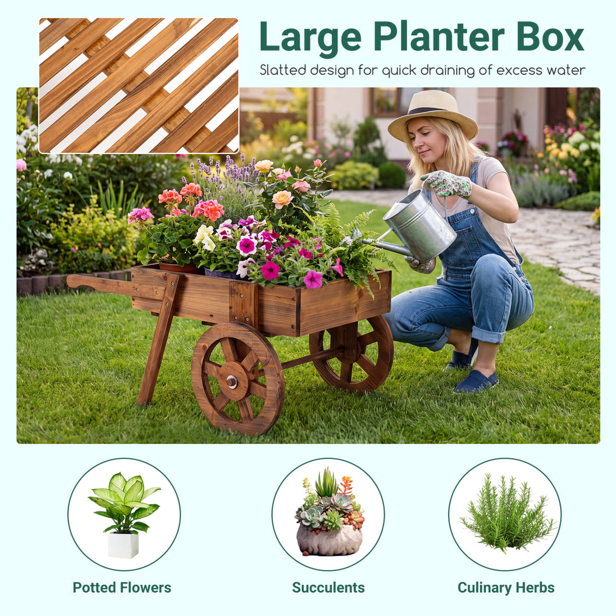 Wooden Wagon Planter with Wheels for Indoor and Outdoor Use-Brown