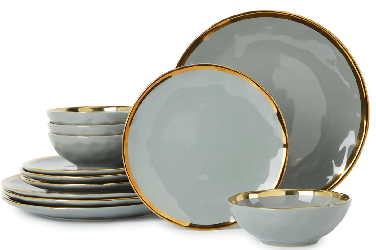 Pokini Ceramic Dinnerware Sets of 4 Porcelain Plates and Bowls Set Highly Chip and Crack Resistant Grey and Gold Rim Bone China Dishes Set Kitchen Decor Dishwasher & Oven Safe