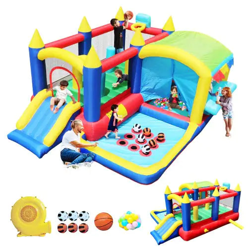 7-in-1 Inflatable Bounce House, Bouncy House With Ball Pit For Kids Indoor And Outdoor Party Family Fun, Obstacles, Toddler Jump Bounce Castle With Ball Pit For Birthday Party Gifts