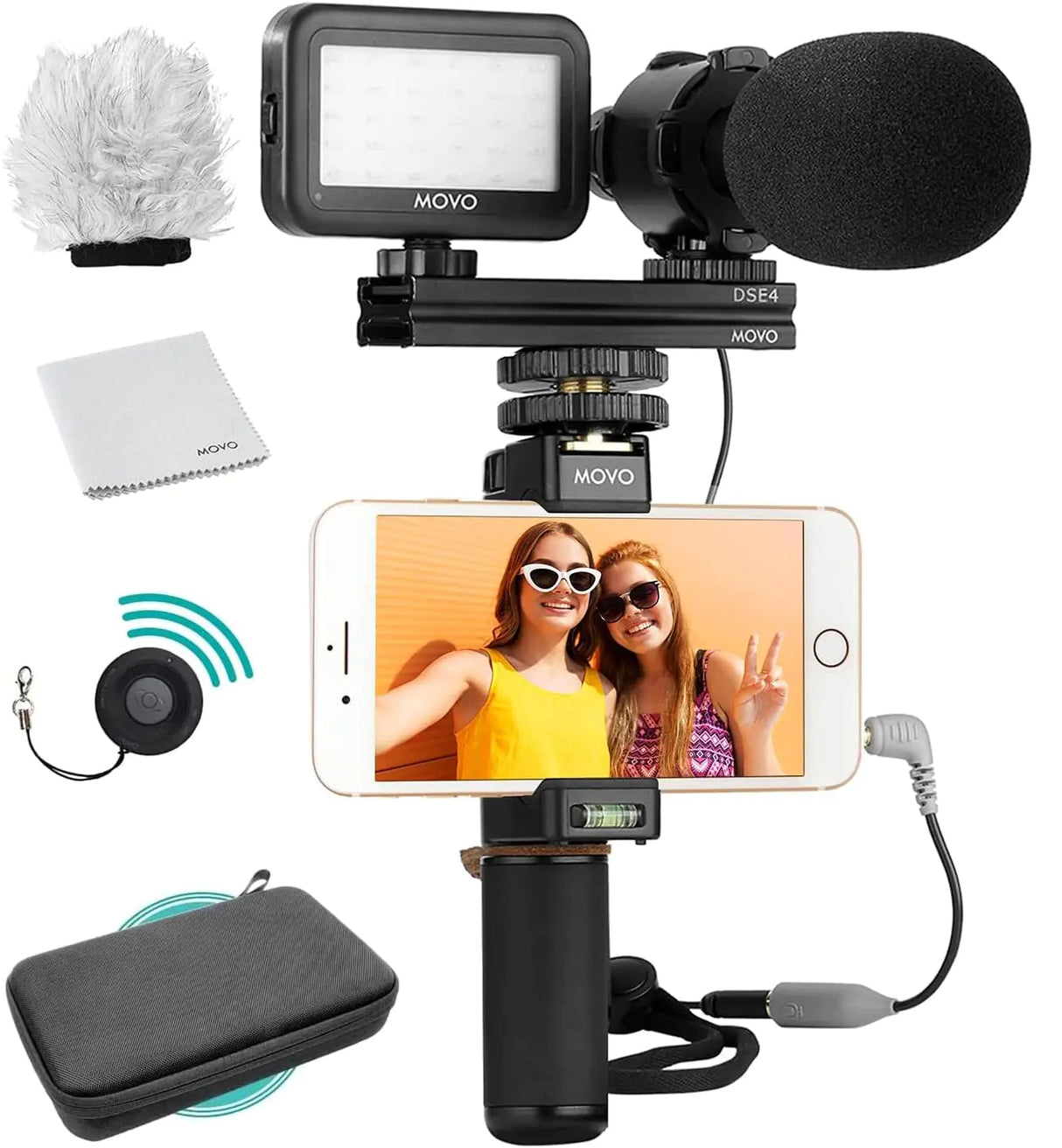Movo Vlog Kit V7 - YouTube Starter Kit with Grip Stereo Microphone Light and Wireless Remote Vlogging Kit for iPhone for YouTube TikTok Vlogging Equipment for iPhone/Android - iPhone Vlogging Kit