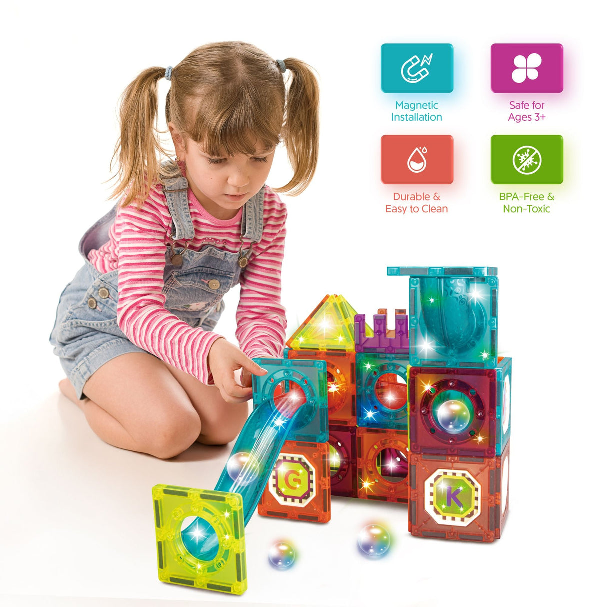 Contixo ST15 65-Piece Marble Track Magnetic Tile Set, Glow-in-the-Dark, STEM Building Blocks for Ages 3+ by Contixo