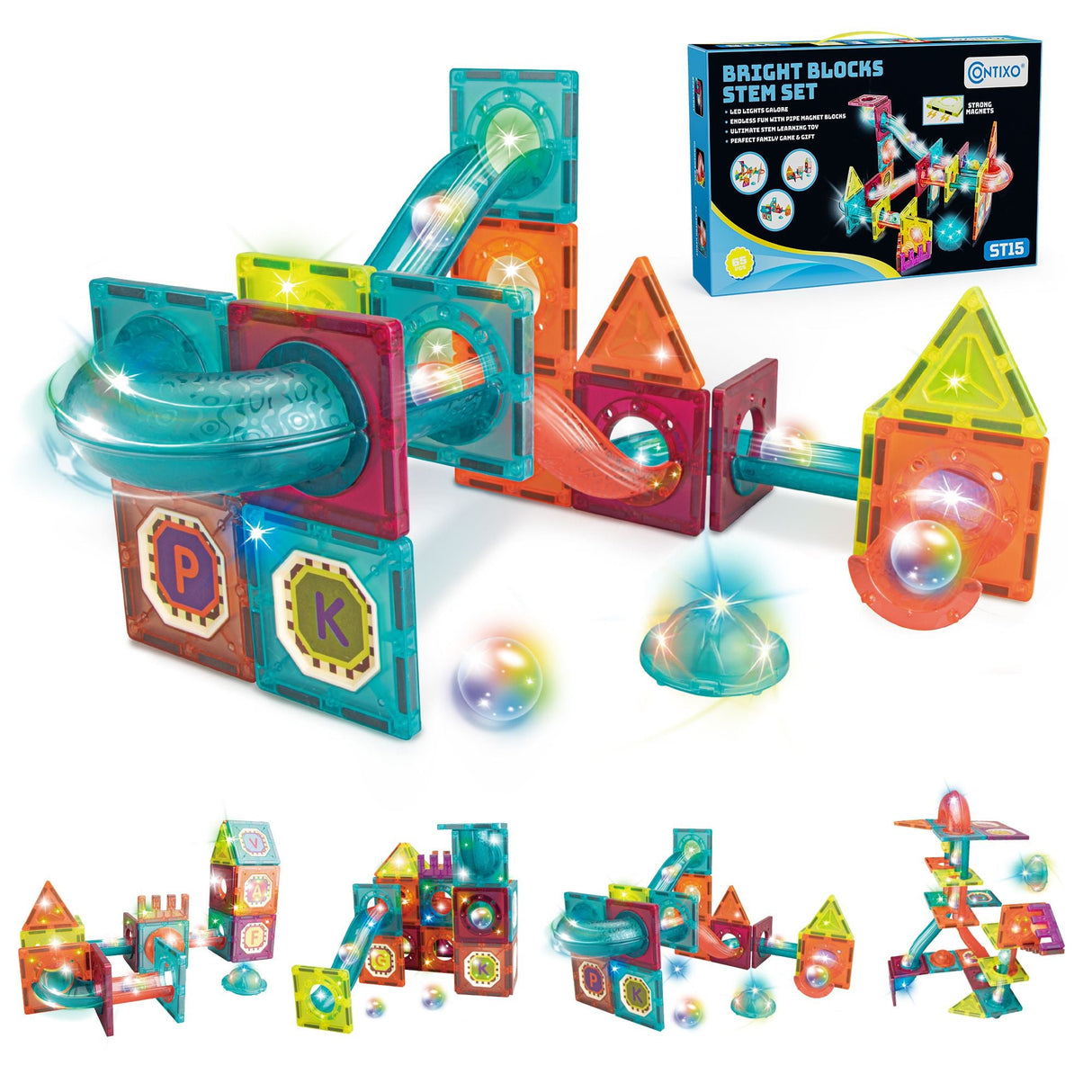 Contixo ST15 65-Piece Marble Track Magnetic Tile Set, Glow-in-the-Dark, STEM Building Blocks for Ages 3+
