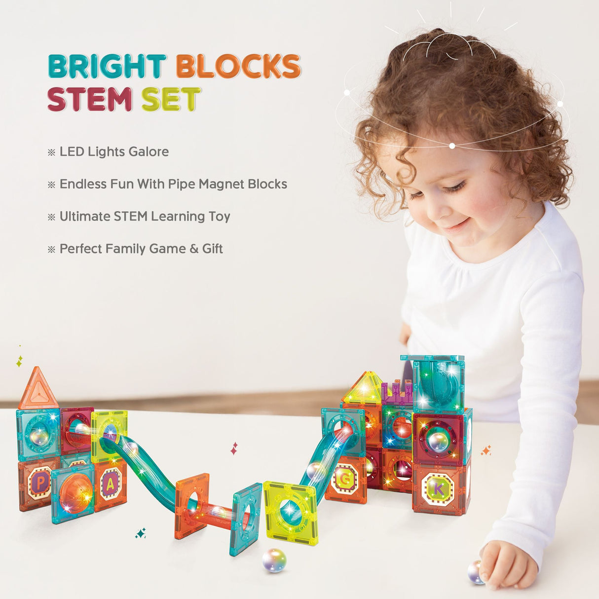 Contixo ST15 65-Piece Marble Track Magnetic Tile Set, Glow-in-the-Dark, STEM Building Blocks for Ages 3+ by Contixo