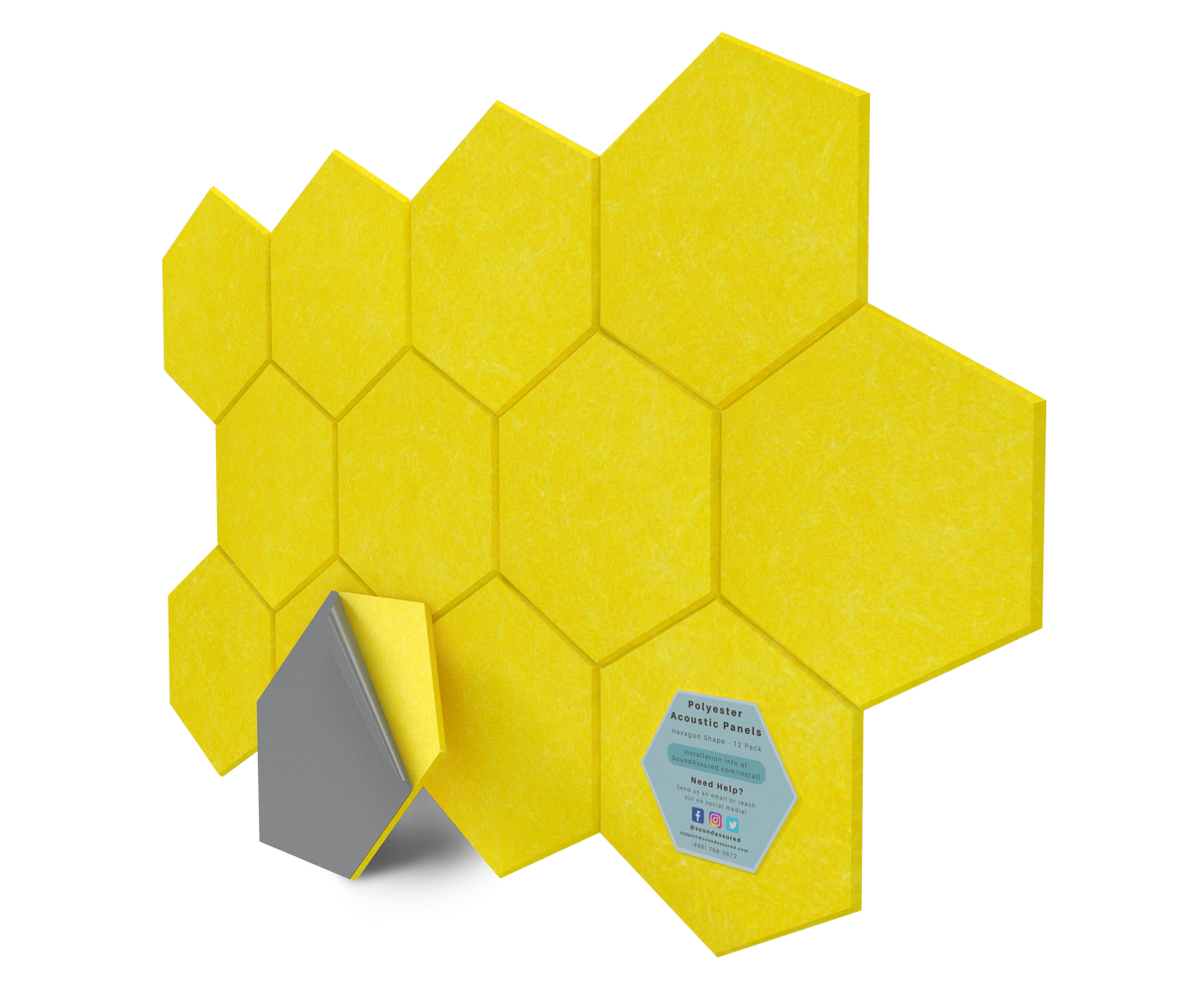 Hexagon Polyester Acoustic Panels - 12 Pack | Eco-Friendly Sound Absorption | Easy Peel & Stick Installation