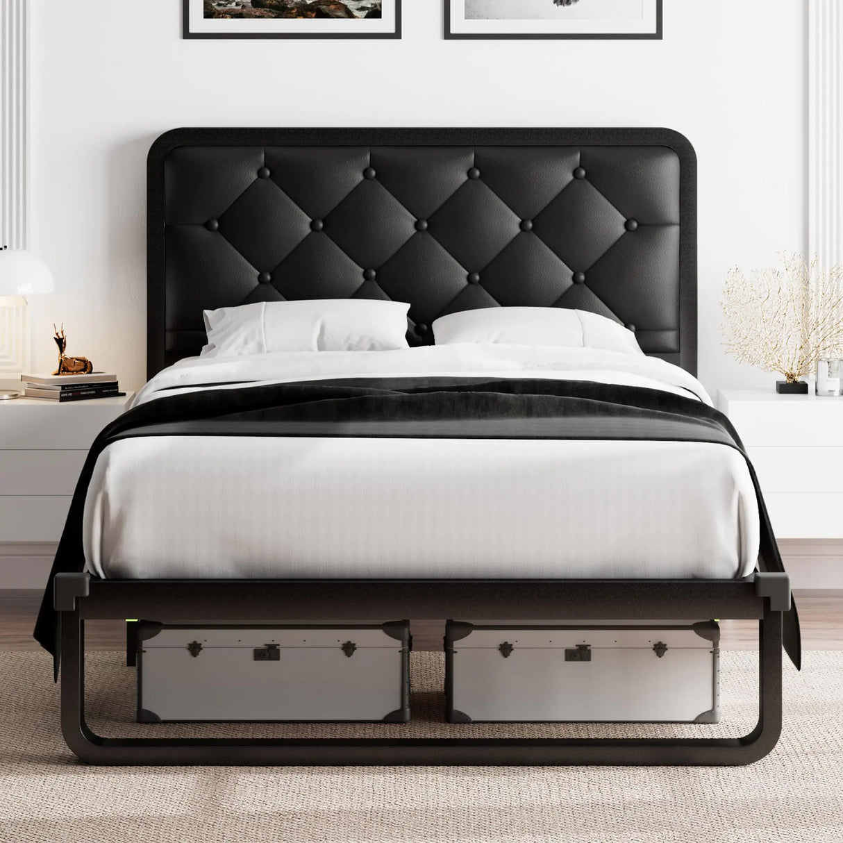 Feonase Twin Bed Frame Upholstered Platform Bed Frame with Heavy-Duty Steel Slats Diamond Tufted Headboard 12" Storage Space No Box Spring Needed Noise Free Easy Assembly Black