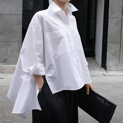 Women's White Loose Fit Irregular Long Sleeve Shirt