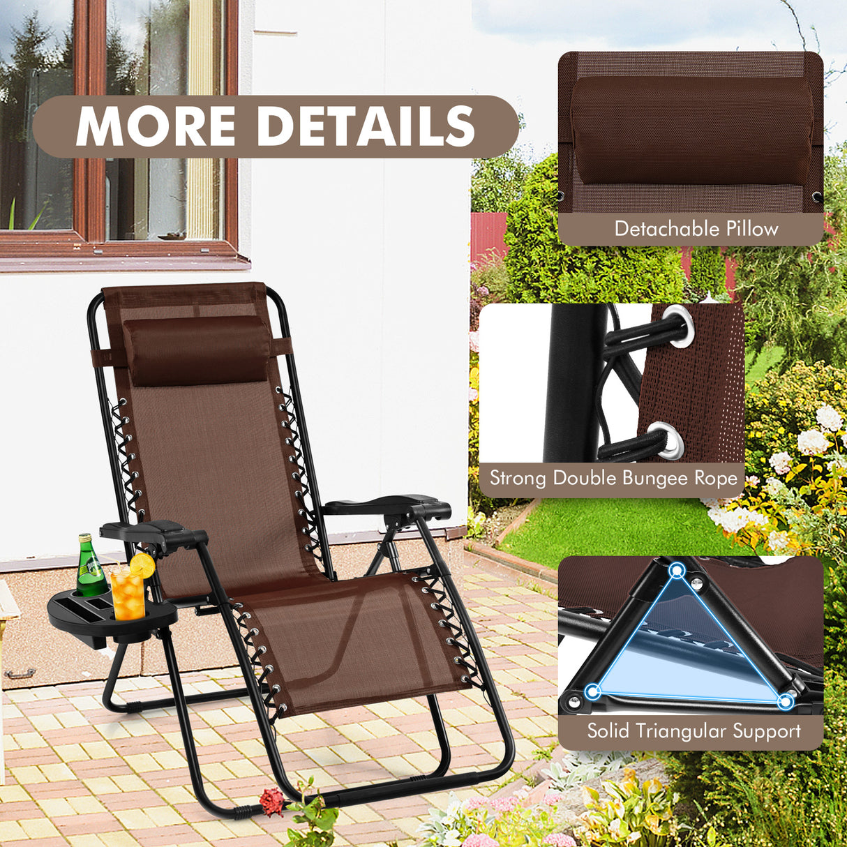 Outdoor Folding Zero Gravity Reclining Lounge Chair with Utility Tray-Brown