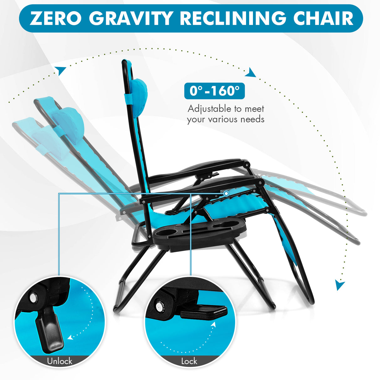 Outdoor Folding Zero Gravity Reclining Lounge Chair with Utility Tray-Black