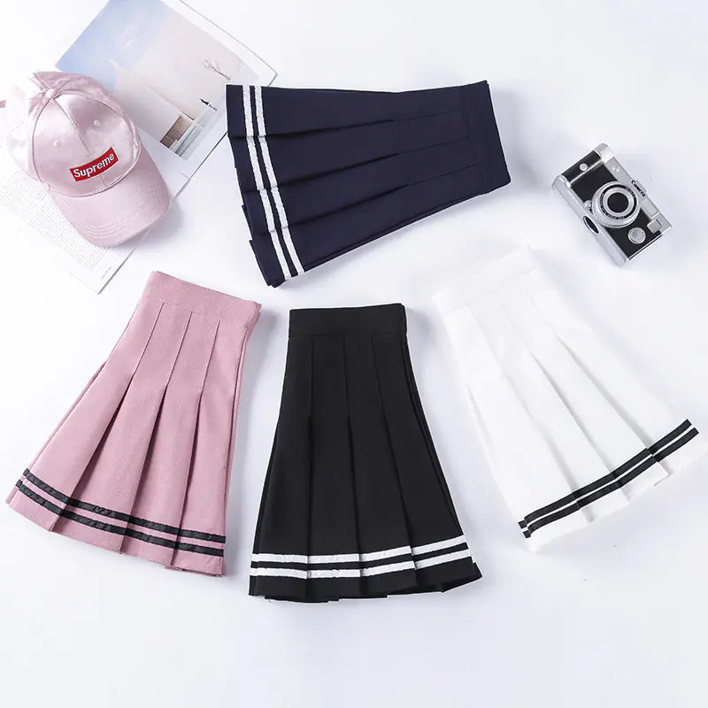 Navy Style Half-Length Striped Elastic Waist Skirt