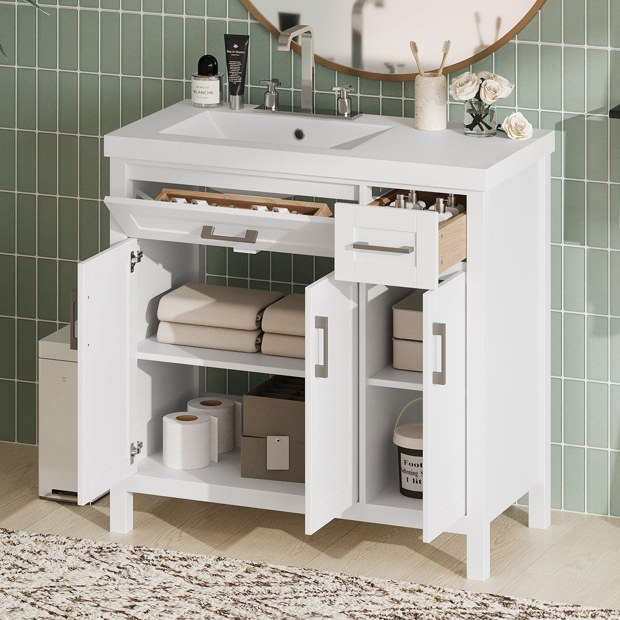 Bathroom Vanity Cabinet With Resin Integrated Sink - 2 Drawers, 3 Doors by Couch.com