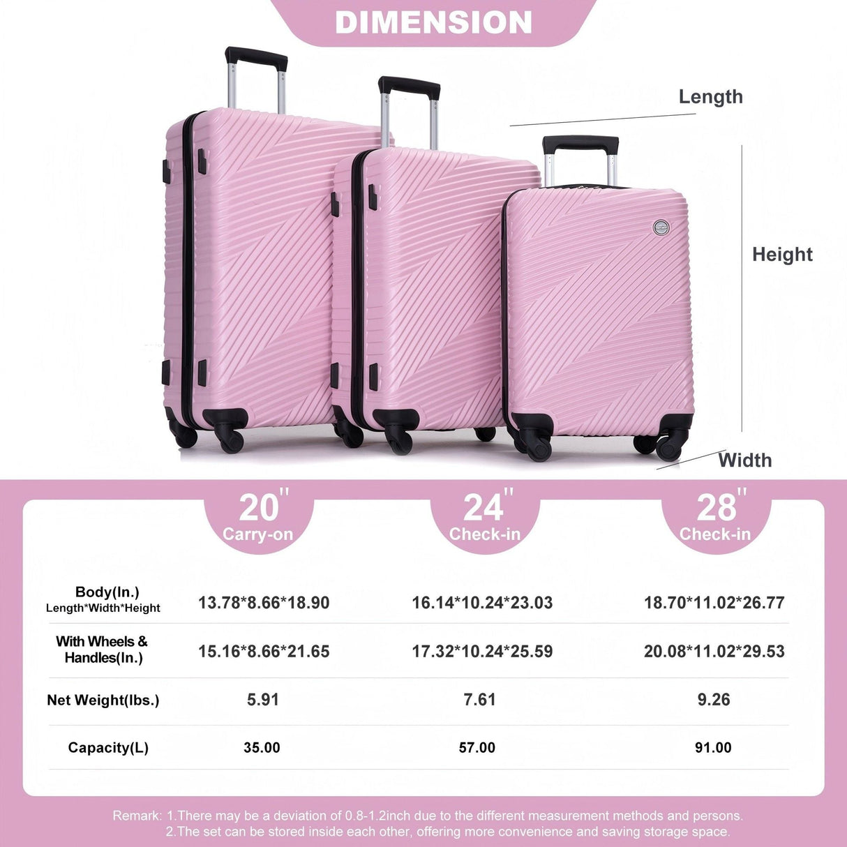 3 Piece Luggage Sets Lightweight Suitcase With Two Hooks, Spinner Wheels, by Couch.com