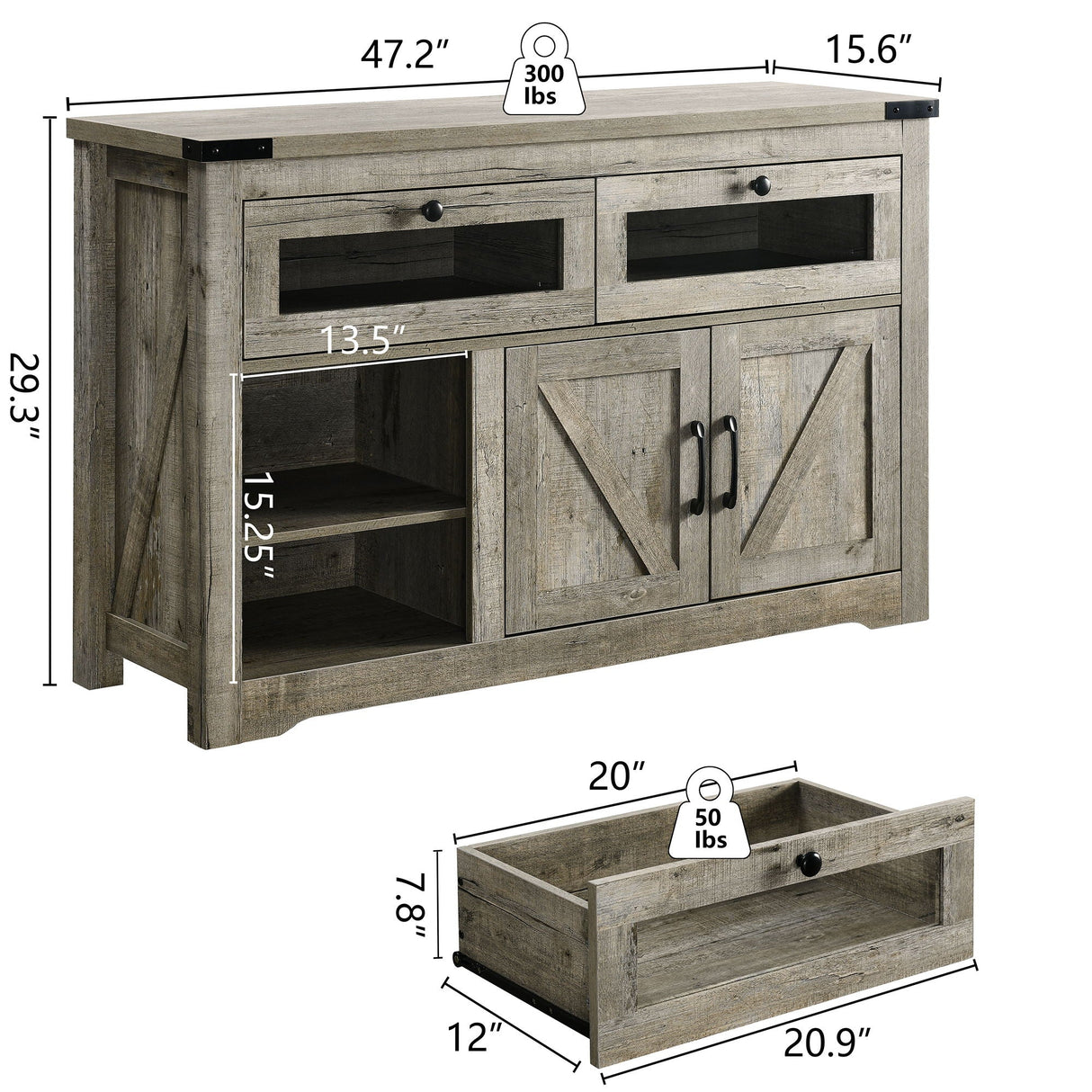 Modern Wooden Sideboard, Kitchen Buffet, Built-In With Adjustable Laminate And LED Lights, 2 Drawers And A Barn Door, Suitable For Kitchen, Dining Room, Living Room - Cement Gray by Couch.com