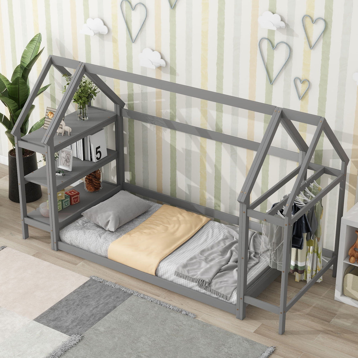 Wood House Bed With Storage Shelf And Hanger, Kids Bedroom Set by Couch.com