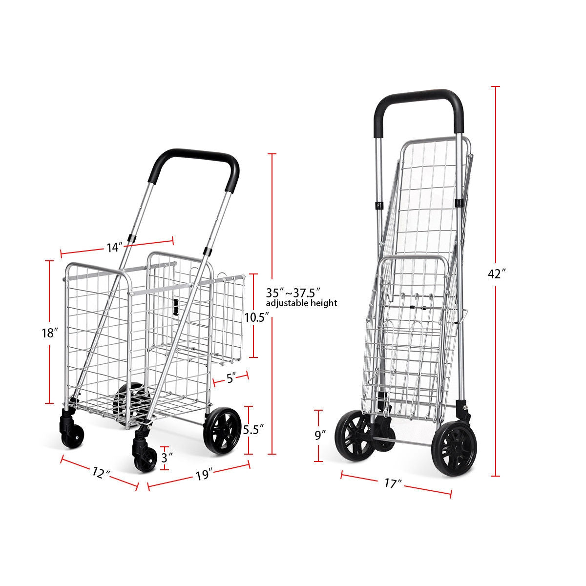 Folding Shopping Cart Basket Rolling Trolley with Adjustable Handle-Black