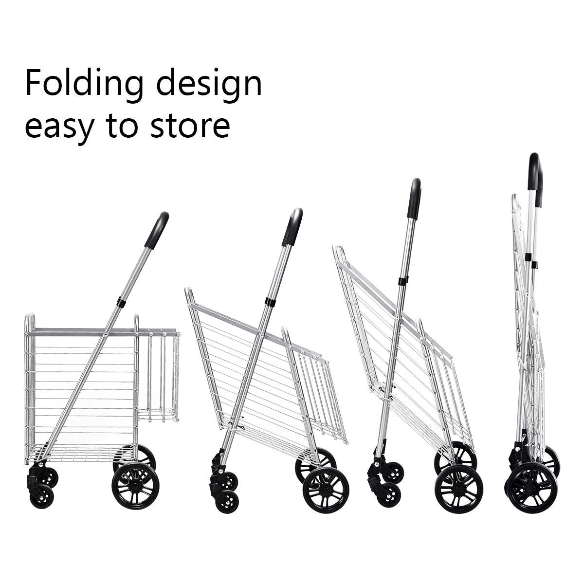Folding Shopping Cart Basket Rolling Trolley with Adjustable Handle-Black