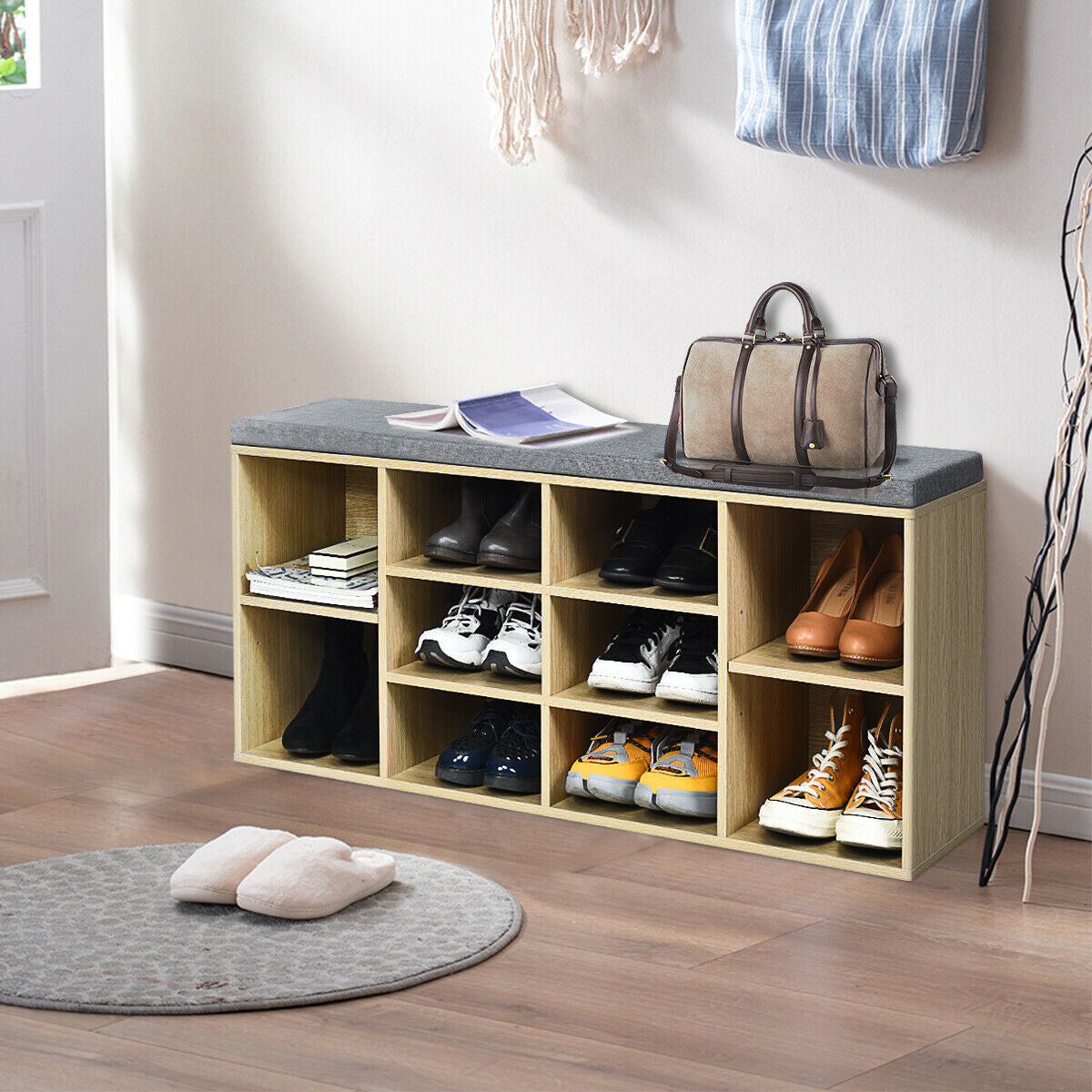 10-Cube Organizer Shoe Storage Bench with Cushion for Entryway-Beige by DirectDeals