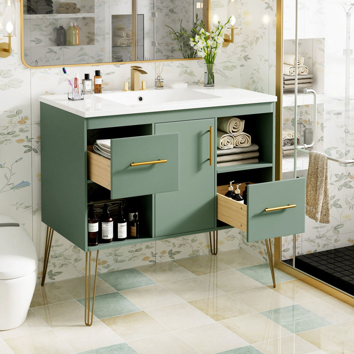 Bathroom Vanity With Resin Sink Combo Set, Modern Freestanding Single Bathroom Cabinet With 2 Drawers & 2 Storage Compartments, Storage Cabinet For Bathroom, Frame Vanity Set - Green by Couch.com