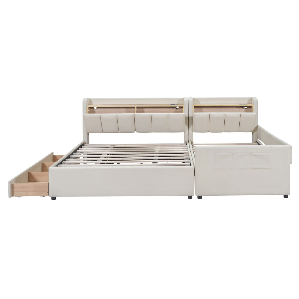 Upholstered Mother & Child Bed With Hydraulic Storage System, Drawer Box, Bedhead Storage Shelf And 2 Pairs Of Sockets & USB Ports by Couch.com