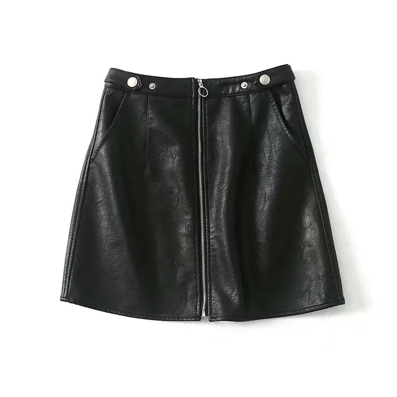 High Waist Slim Zipper A-Line PU Leather Mini Skirt