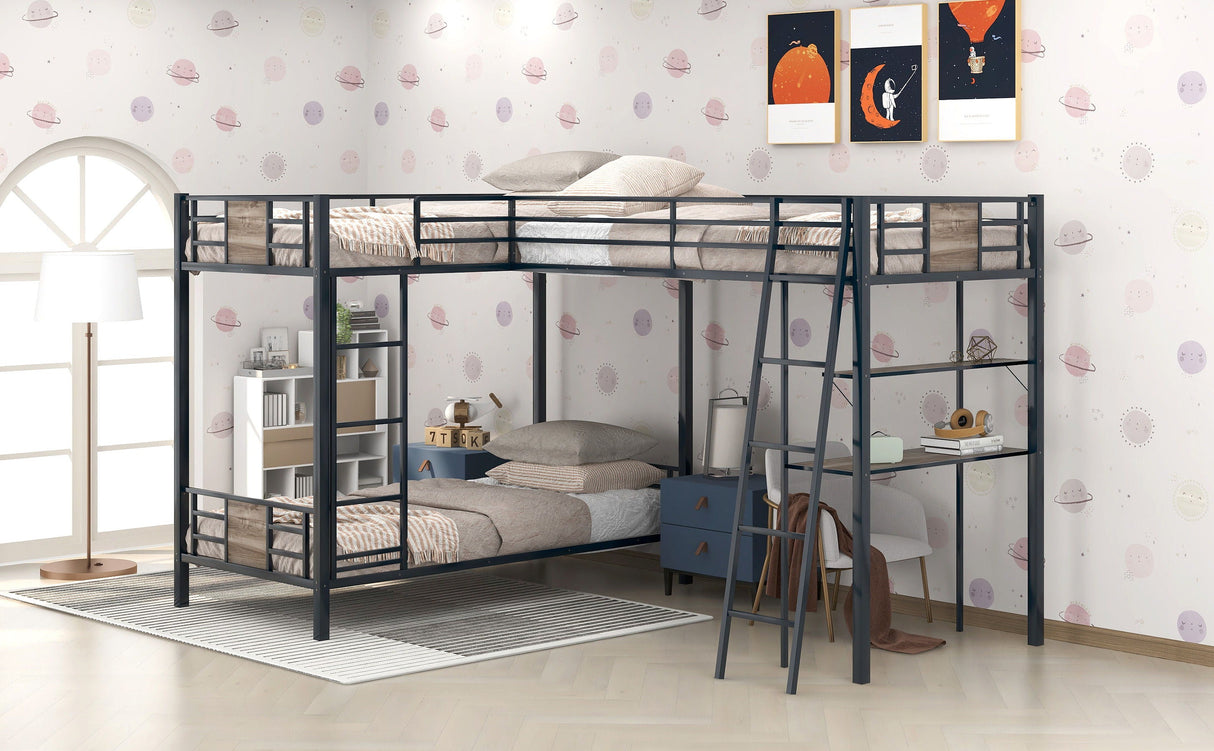L-Shaped Twin Over Twin Bunk Bed With Twin Size Loft Bed With Desk And Shelf - Brown by Couch.com